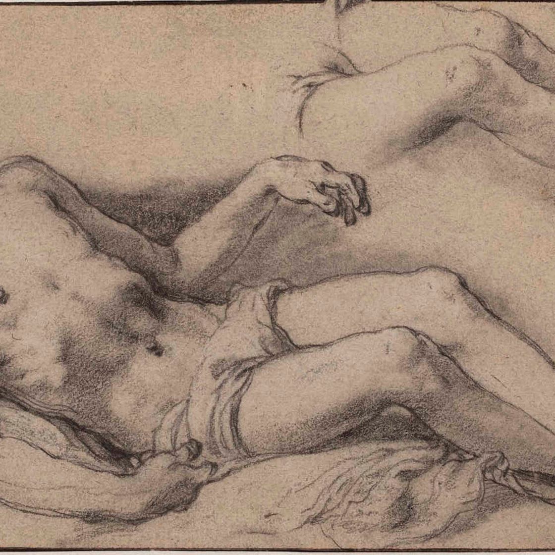 Abraham Bloemaert — Обнаженный мужчина, лежащий навзничь, с дополнительным изучением его ног: этюды к "Плачу"