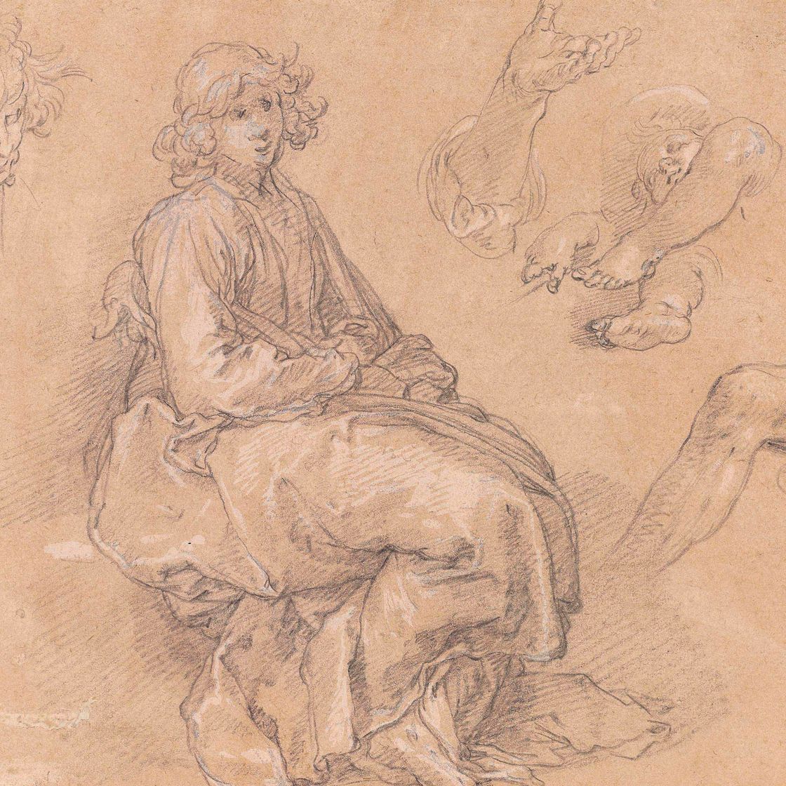 Abraham Bloemaert — Сидящая юношеская фигура и дополнительные этюды мужской головы, удара и конечностей