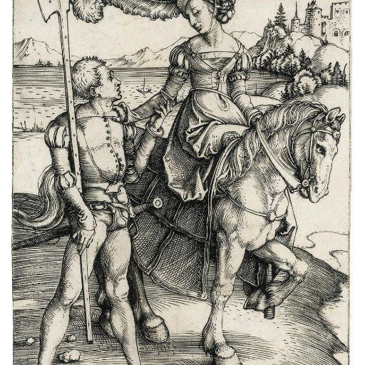 Albrecht Dürer — Дама верхом на лошади и ланскене (Б. 82; М., Холл. 84; С.М.С. 16)