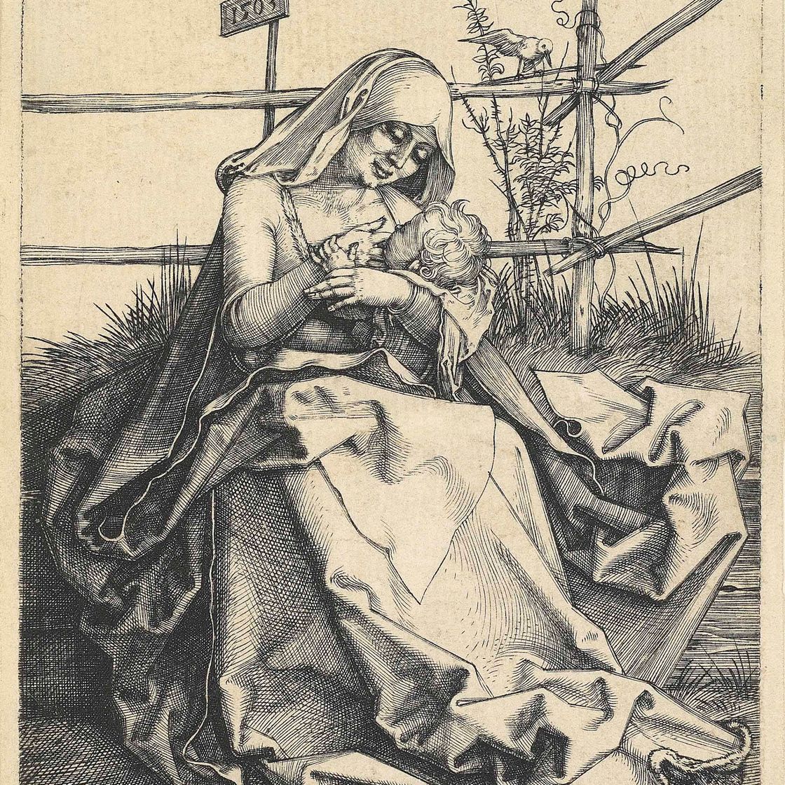 Albrecht Dürer — Богородица с младенцем на травянистой скамейке