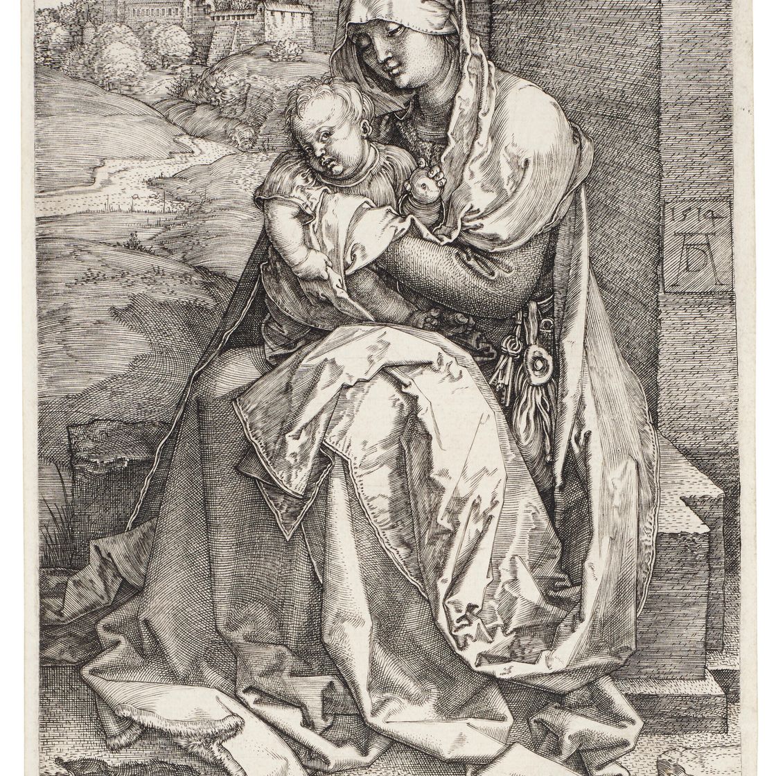 Albrecht Dürer — Богородица с Младенцем, сидящие у стены