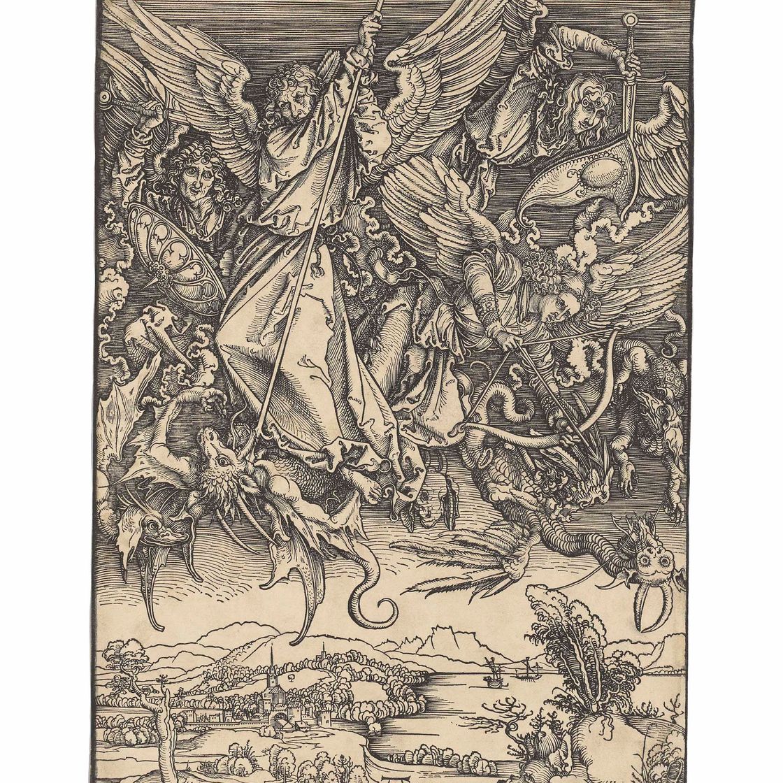 Albrecht Dürer — Святой Михаил, сражающийся с драконом, из Апокалипсиса (ч. 72; М., гл. 174; С.М.С. 122)