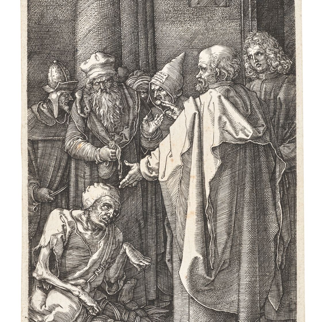 Albrecht Dürer — Святые Петр и Иоанн, исцеляющие хромого у ворот храма, с гравюры "Страсти Господни".