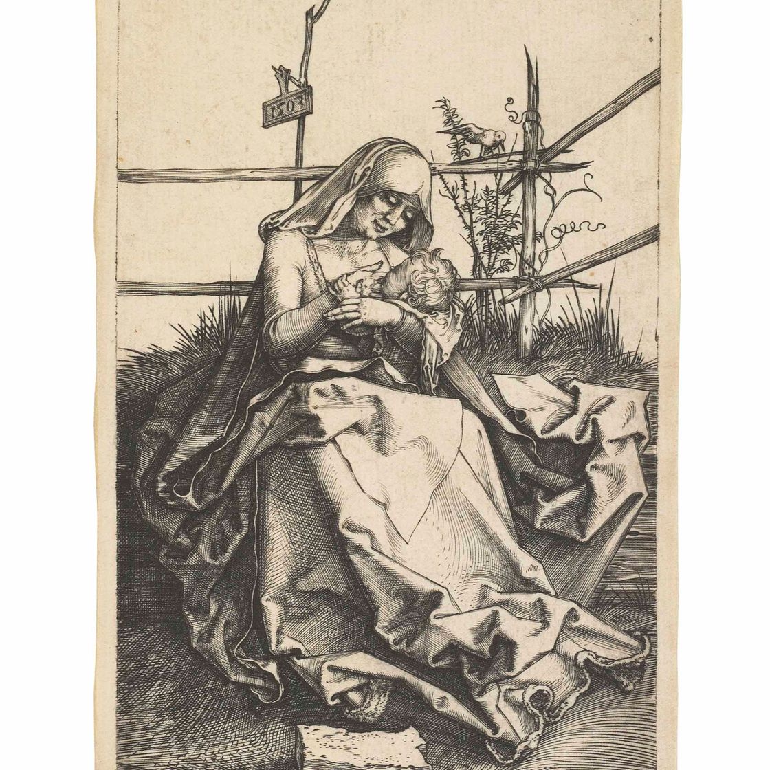 Albrecht Dürer — Богородица с младенцем на заросшей травой скамье (Б. 34; М., Зал. 31; С.М.С. 36)
