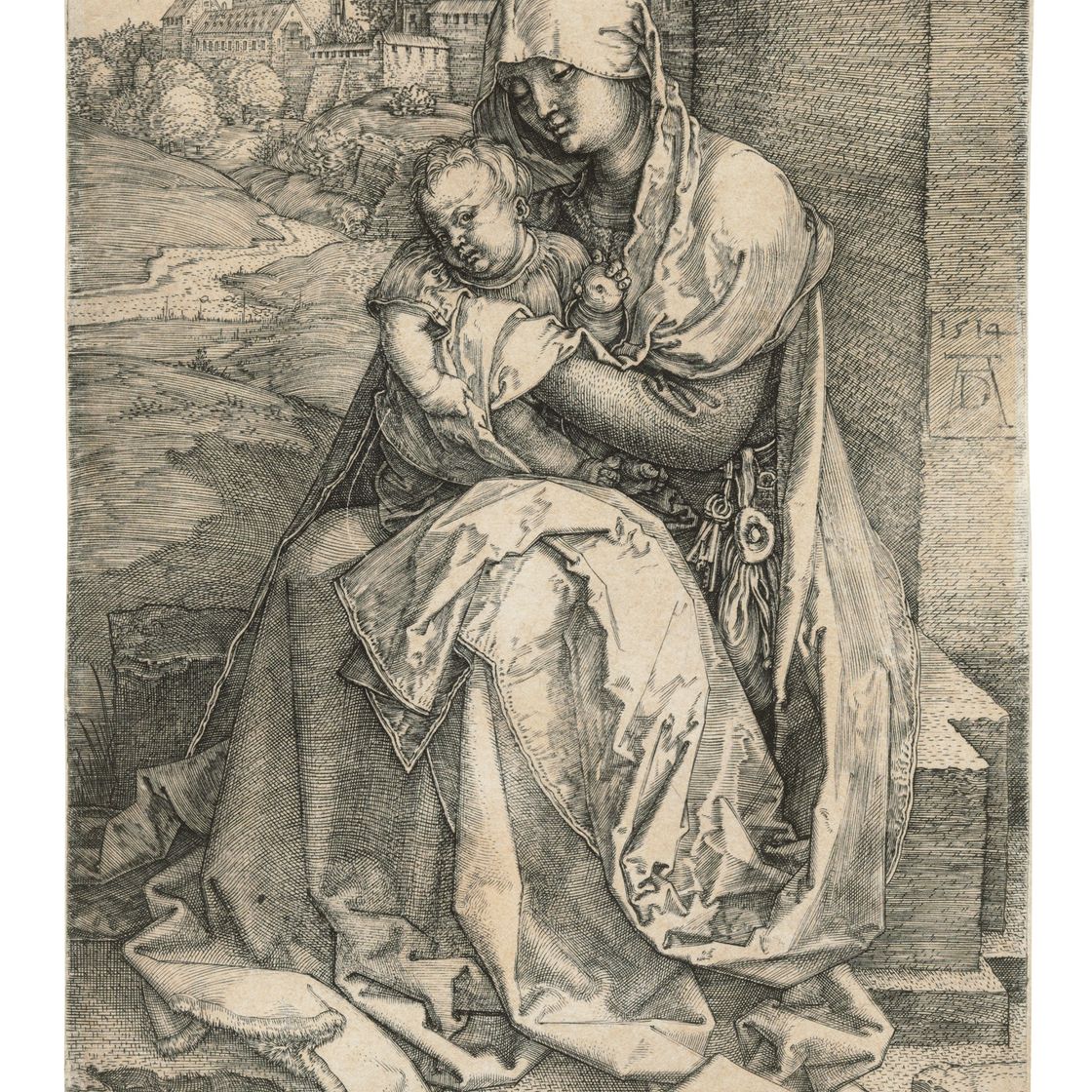 Albrecht Dürer — Богородица с Младенцем, сидящие у стены