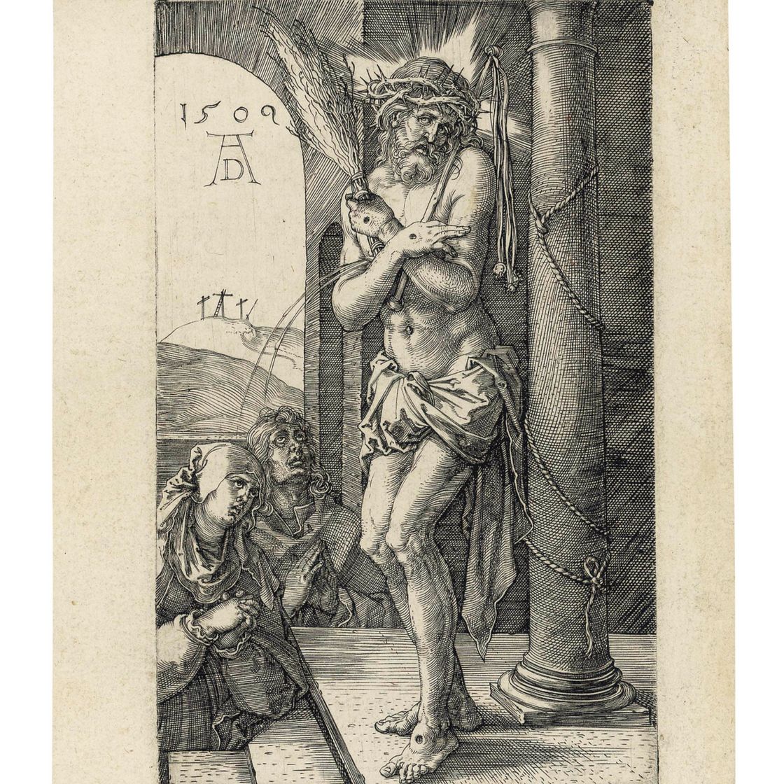 Albrecht Dürer — Человек скорби, стоящий у колонны, из гравюры "Страсти господни" (Барч, Медер 3; Шох, Менде, Шербаум 45)