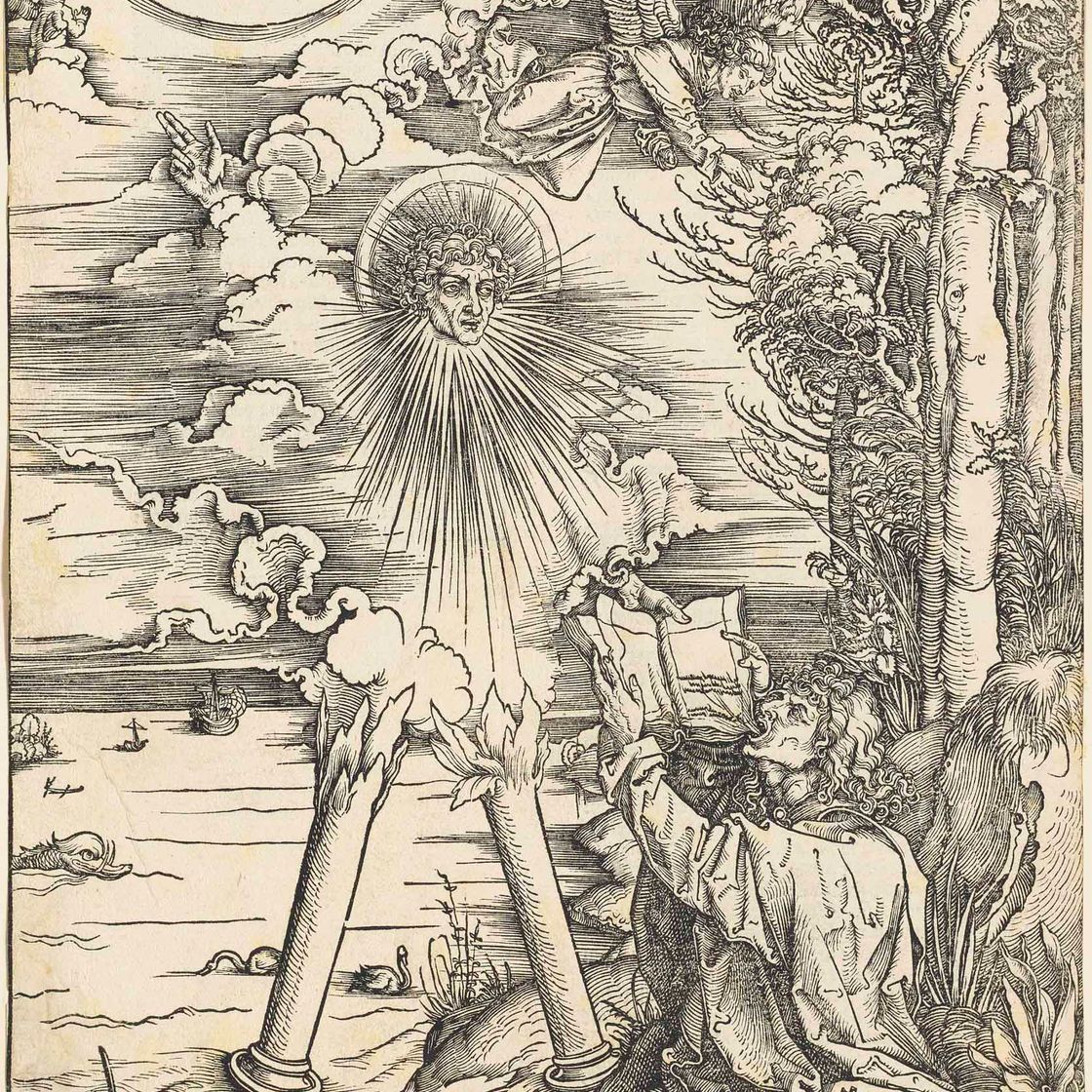 Albrecht Dürer — Святой Иоанн, пожирающий книгу, из "Апокалипсиса"