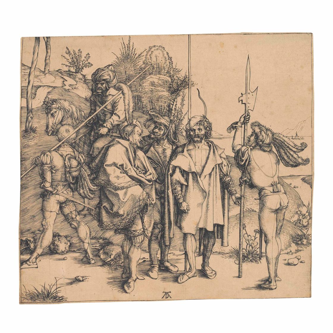 Albrecht Dürer — Пятеро солдат и турок верхом на лошадях (Б. 88; М., Гол. 81; С.М.С. 4)