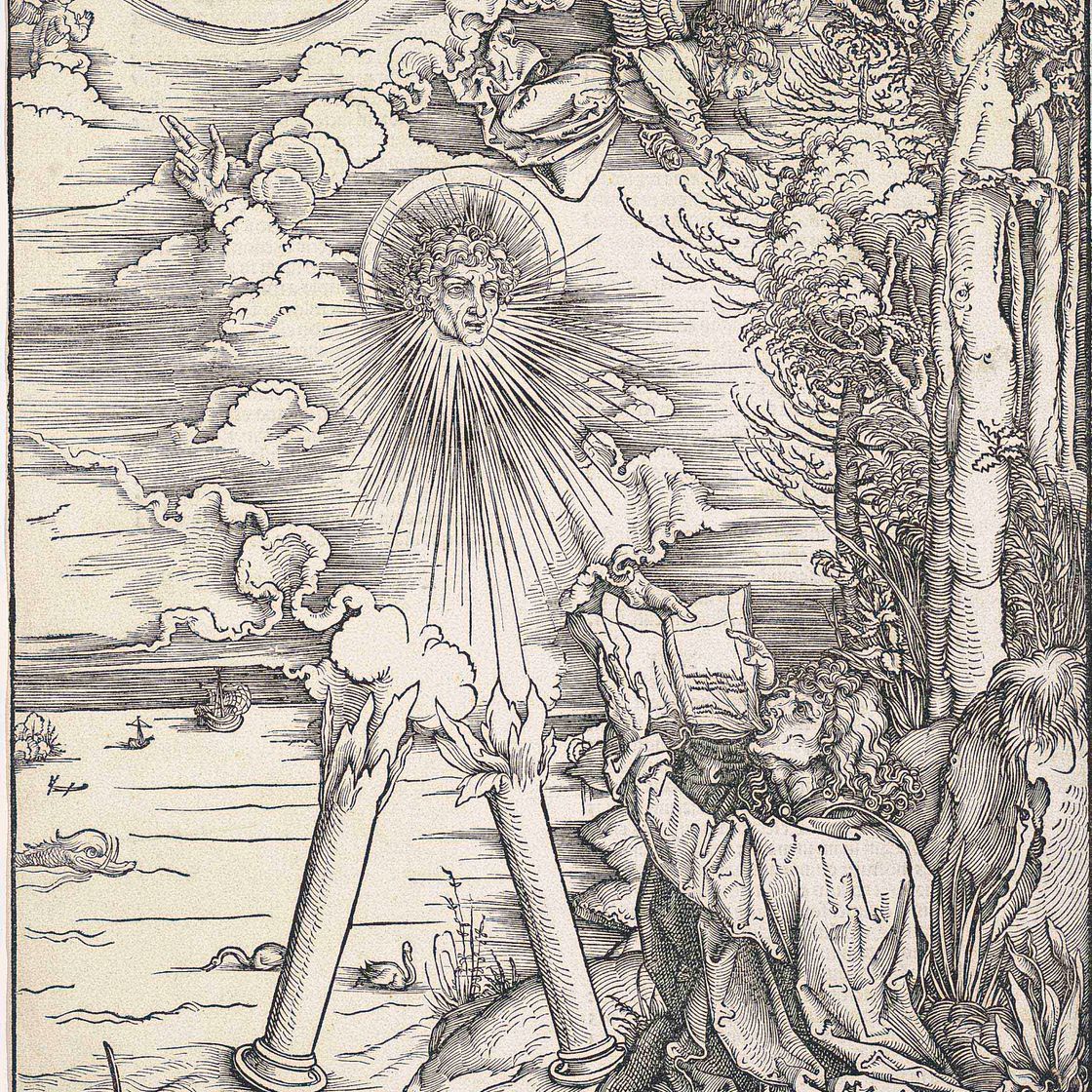 Albrecht Dürer — Святой Иоанн, пожирающий Книгу, из Апокалипсиса (Барч, 70; Медер, Холстейн, 172; Шох, Менде, Шербаум, 120)