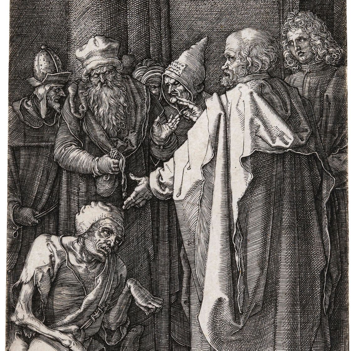 Albrecht Dürer — Святые Петр и Иоанн, исцеляющие калеку у ворот храма, с гравюры "Страсти Господни".
