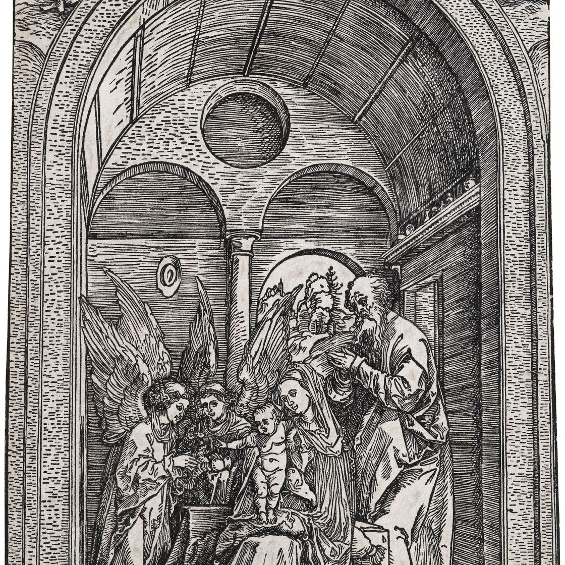 Albrecht Dürer — Святое семейство с двумя ангелами в сводчатом зале