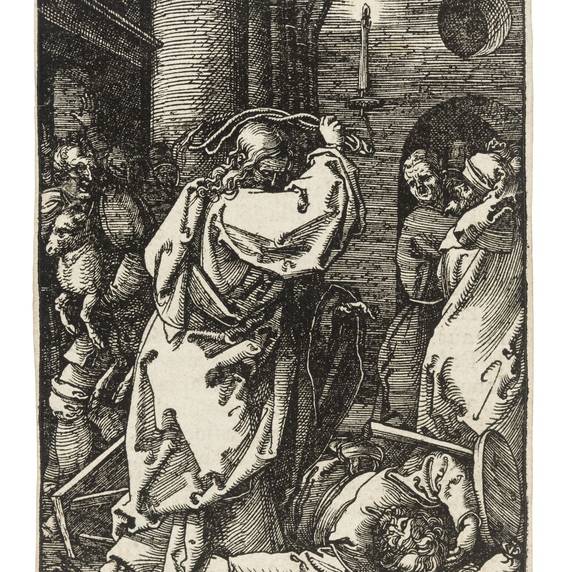 Albrecht Dürer — Христос, изгоняющий менял из храма, с небольшой гравюры на дереве "Страсти Христовы".