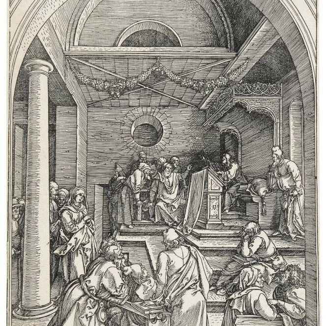 Albrecht Dürer — Христос среди врачей, из книги "Жизнь Пресвятой Девы" (Барч, 91; Медер, Холстейн, 203)