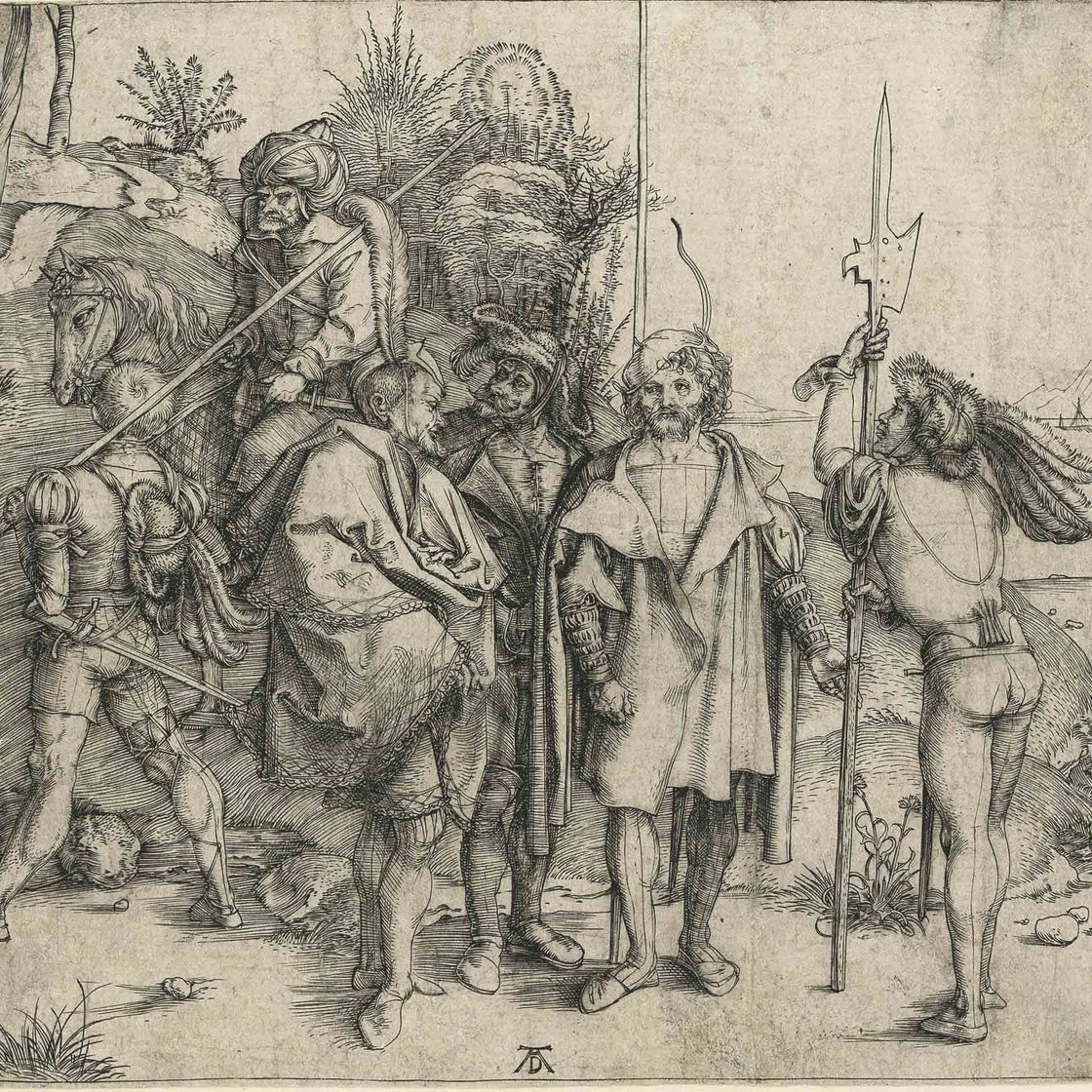 Albrecht Dürer — Пятеро солдат и турок верхом на лошадях (Б. 88; М., Гол. 81; С.М.С. 4)