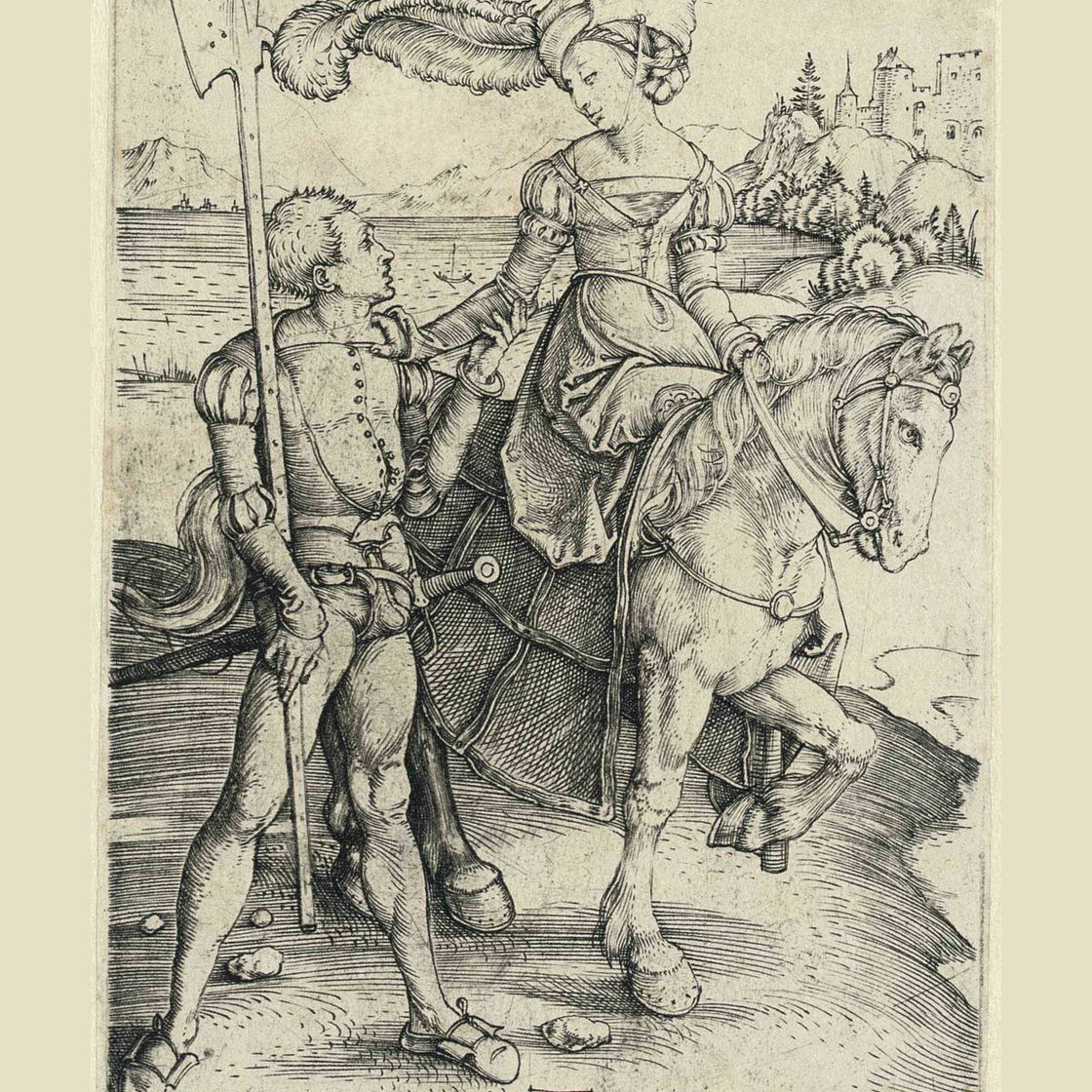 Albrecht Dürer — Дама верхом на лошади и ланскене (Б. 82; М., Холл. 84; С.М.С. 16)