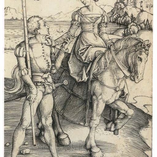 Albrecht Dürer — Дама на коне и Ланскене (Б. 82; М., Зал. 84; С.М.С. 16)
