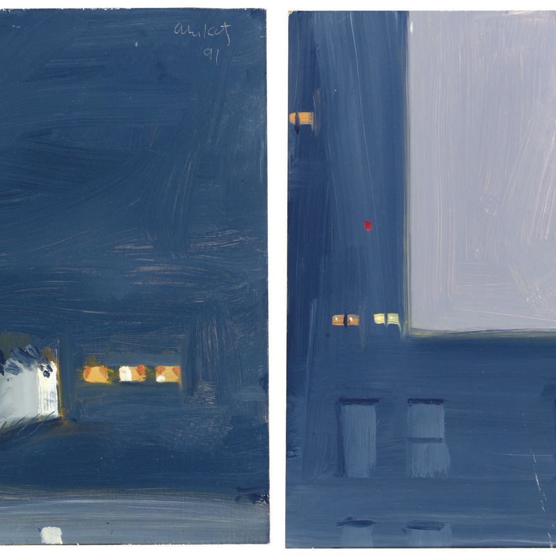 Alex Katz — 11 ЧАСОВ вечера, подпись и дата "Алекс Кац 91" (вверху справа); надпись "11 часов вечера" (на обороте), мазонит, масло, 12 х 9 дюймов (30,4 х 22,8 см) Написана в 1991 году. "Открытая дверь" с подписью и датой "Алекс Кац, 91" (вверху справа); с названием и датой "ОТКРЫТАЯ ДВЕРЬ, 1991" (на обороте), доска, выполненная маслом, размером 12 х 9 дюймов (30,4 х 22,8 см). Написана в 1991 году. (2)