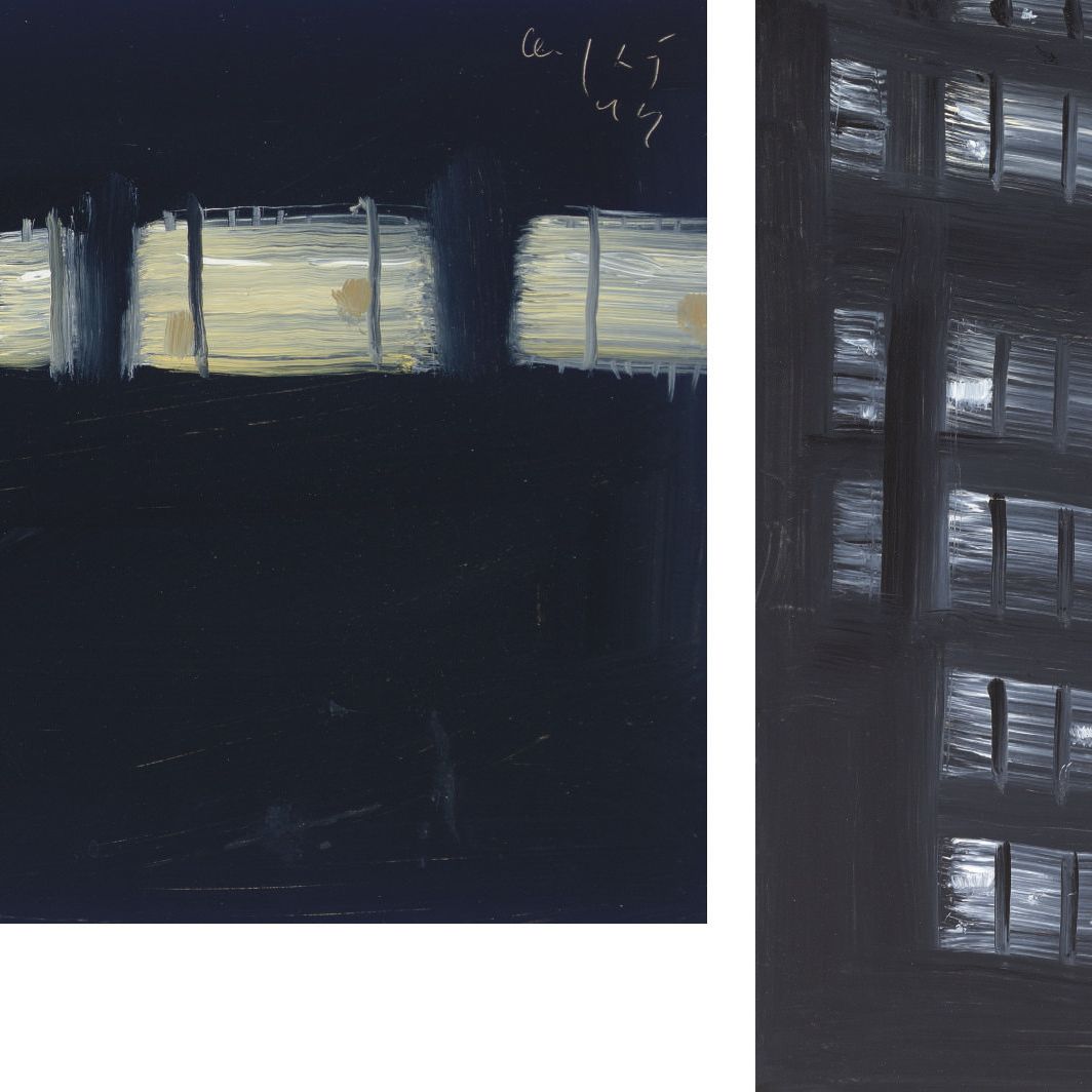 Alex Katz — Западная сторона, подпись и дата "Алекс Кац 97" (вверху справа), доска маслом размером 9 х 12 дюймов (22,9 х 30,5 см) Написана в 1997 году. Фасад II с подписью и датой "Алекс Кац 97" (вверху справа), мазонит, масло, 12 х 9 дюймов (30,5 х 22,9 см) Написана в 1997 году.