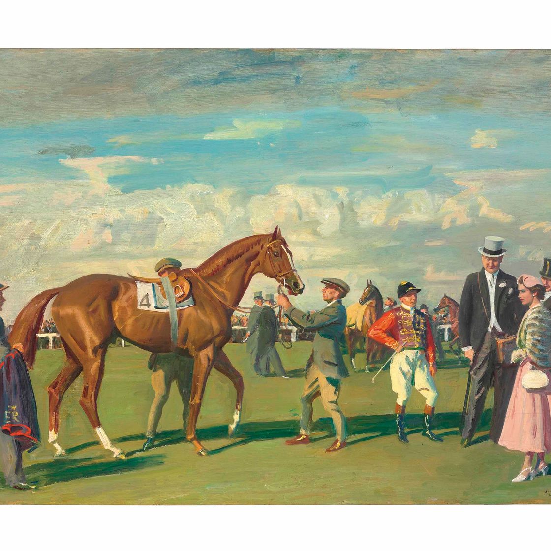 Alfred James Munnings — Ее Величество королева и "Ореол" в паддоке в Эпсоме перед вручением Коронационного кубка на дерби, 1954 год