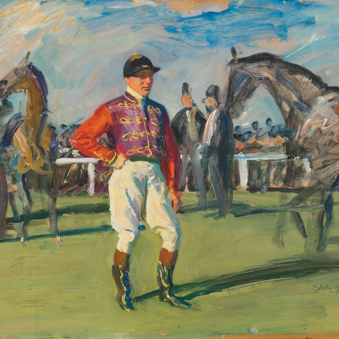 Alfred James Munnings — Этюд Эфа Смита в королевских цветах в паддоке в Эпсоме, изображение 1