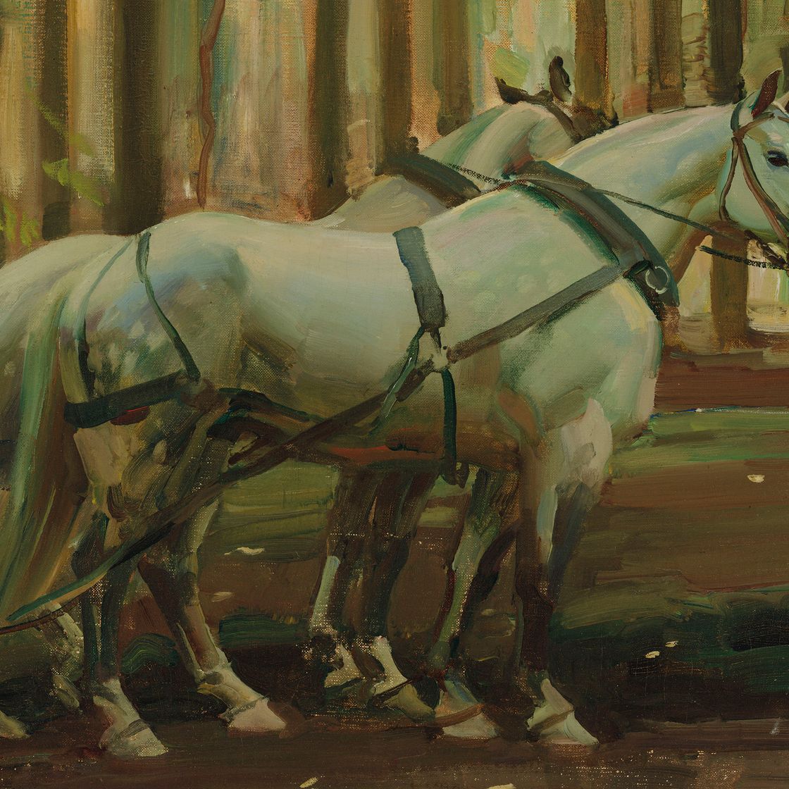 Alfred James Munnings — Лесная сцена: Человек и лошади рисуют дерево, изображение 3