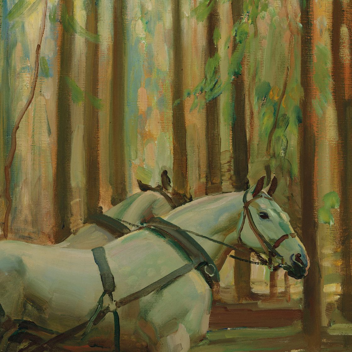 Alfred James Munnings — Лесная сцена: Человек и лошади рисуют дерево, изображение 4