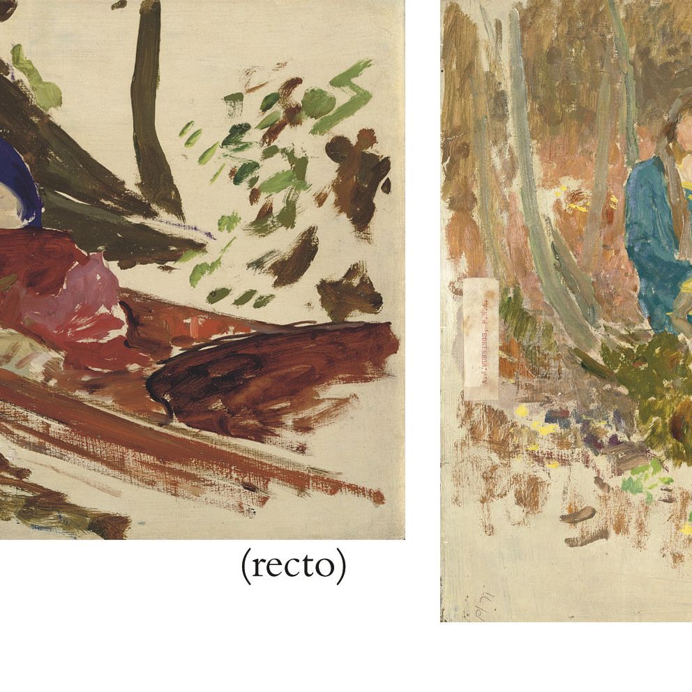 Alfred James Munnings — Мэй, двоюродная сестра художника, в лодке на реке Уэйверни, Саффолк (справа налево), Портрет девушки, сидящей в лесу (оборотная сторона)