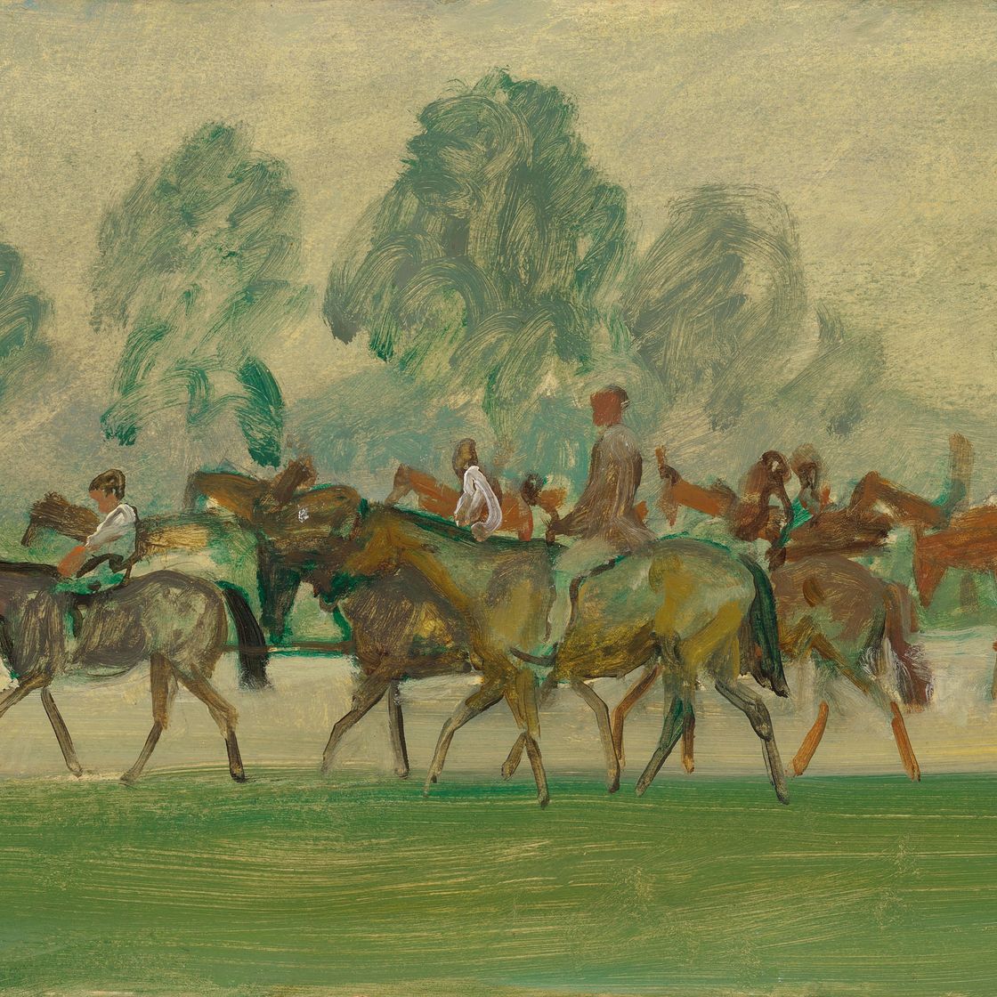Alfred James Munnings — Лошади на прогулке на Уоррен-Хилл, Ньюмаркет, раннее утро