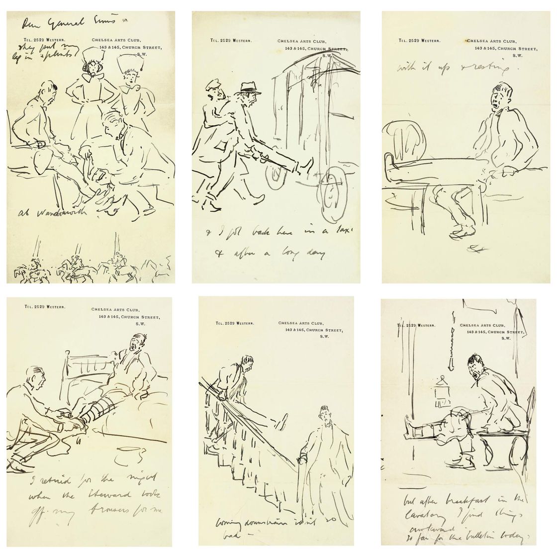 Alfred James Munnings — Серия набросков, иллюстрирующих эпизод подагры, пережитый художником