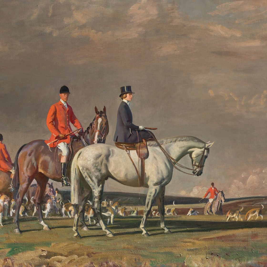 Alfred James Munnings — Ее Королевское Высочество принцесса на "Портумне" и граф Хэрвуд, мастер охоты на Брэмхемских болотах, на "Томми", изображение 1