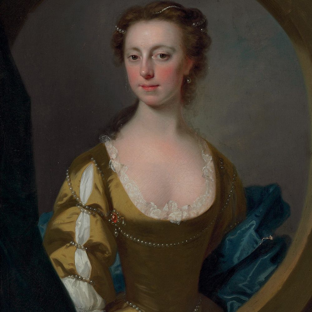 Allan Ramsay — Портрет леди, традиционно именуемой миссис Китти Клайв, в полный рост, в овальном окне из искусственного камня