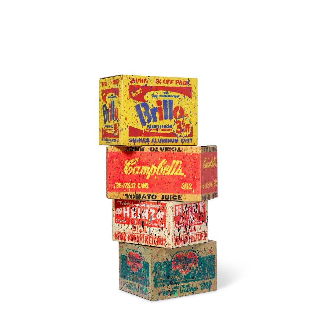 Andy Warhol — i. Коробка Brillo (со скидкой 3 цента) ВТОРАЯ -по мотивам Энди Уорхола; ii. Коробка томатного сока Campbell's (по мотивам Энди Уорхола); iii. Коробка томатного кетчупа Heinze (по мотивам Энди Уорхола); и iv. Коробка Del Monte (половинки персика) II-P (напыленный акрилом) (комплект из четырех штук)