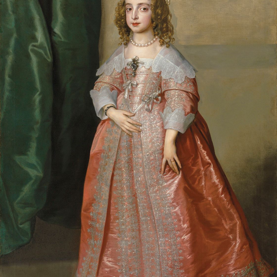 Anthony van Dyck — Портрет принцессы Марии (1631-1660), дочери английского короля Карла I, в полный рост, в розовом платье, украшенном серебряной вышивкой и лентами