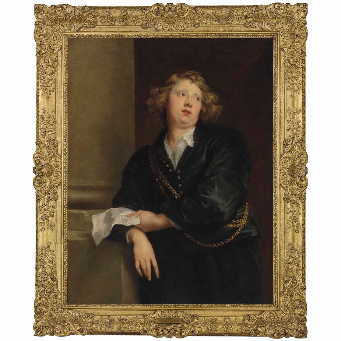 Anthony van Dyck — Портрет Хендрика Либерти (ок. 1600-1669), поясной, в черном цвете, на трех золотых цепочках, с нотным листом в руках, у колонны