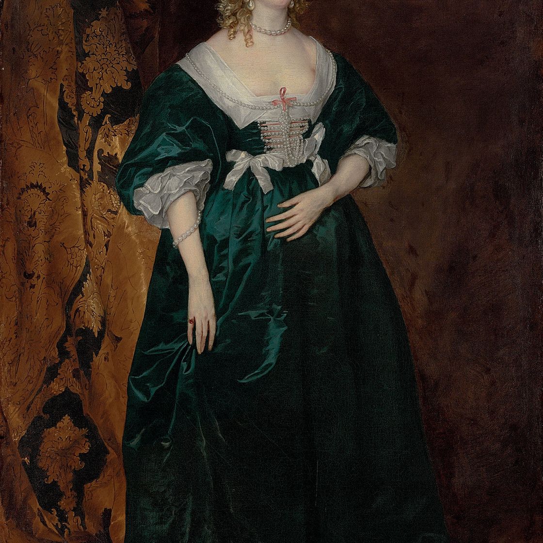 Anthony van Dyck — Портрет Анны Софии, графини Карнарвон (ум. в 1695 году), в полный рост, в зеленом платье с белыми шелковыми бантами и жемчугом, за расшитой золотом занавеской