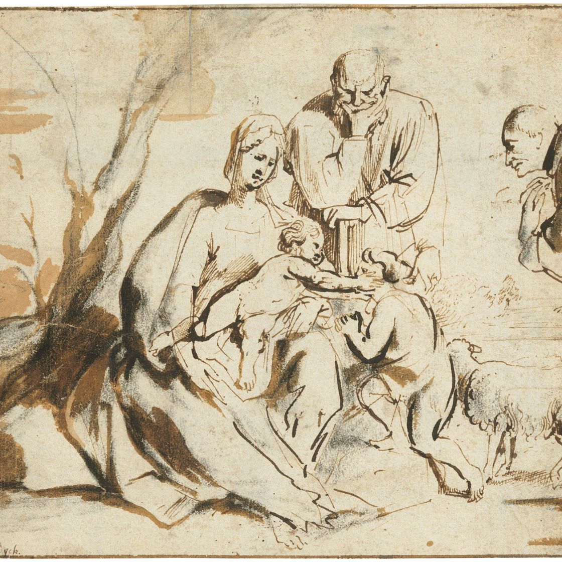 Anthony van Dyck — Святое семейство с младенцем Иоанном Крестителем, которому поклоняется святой или покровитель ( справа ); Группа стоящих мужчин в рясах ( сзади )