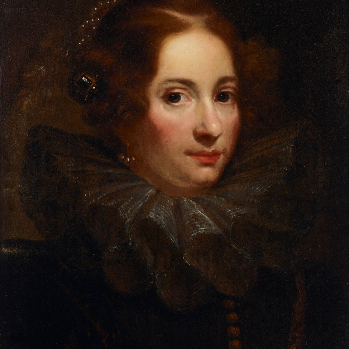 Anthony van Dyck — Портрет дамы, доходящей ей до груди, в кружевной оборке, с жемчугом и драгоценными камнями в волосах, изображение 1