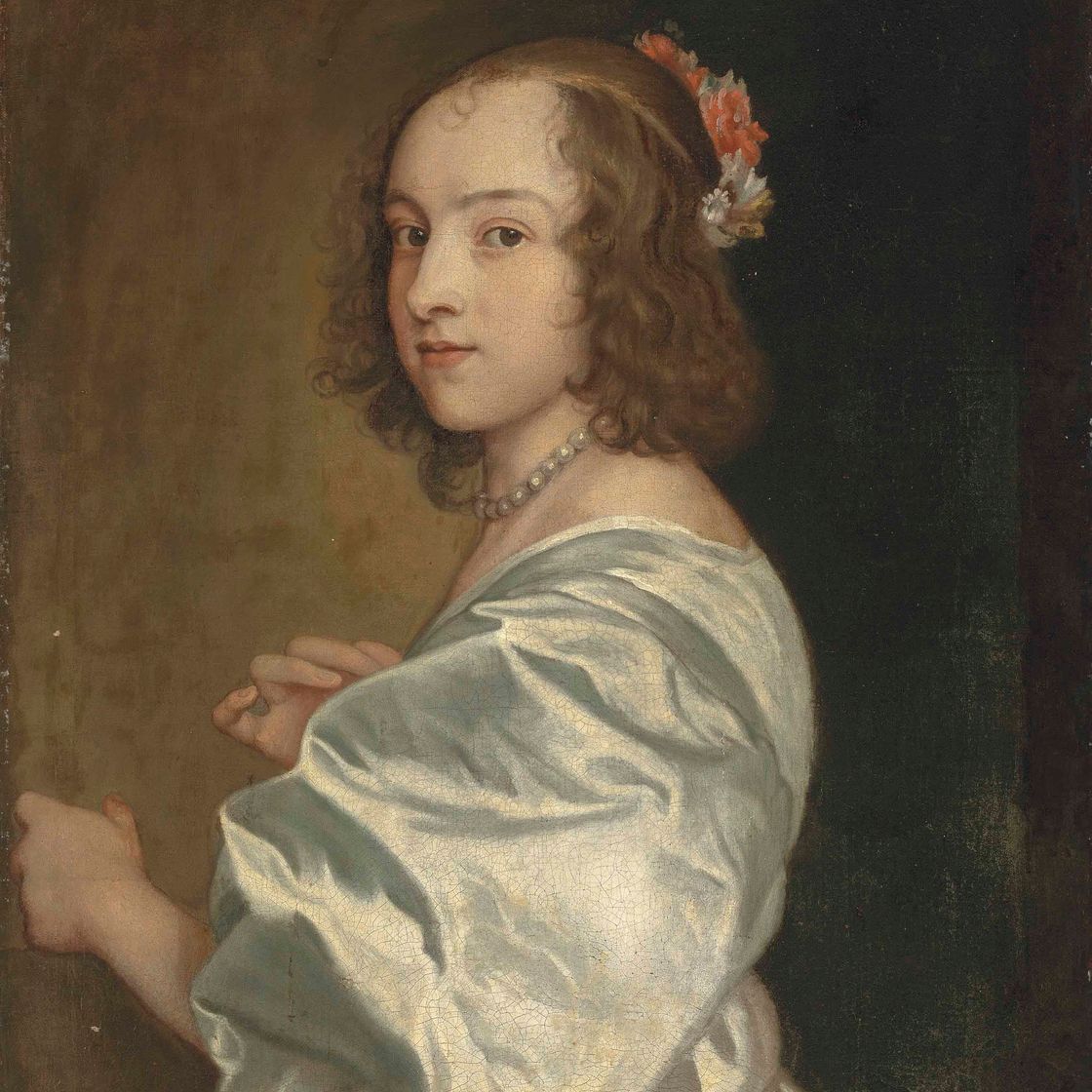 Anthony van Dyck — Портрет Маргарет Лемон (ок. 1614-1645), в полный рост, в сером шелковом платье и белом жемчужном ожерелье, с розами и другими цветами в волосах.