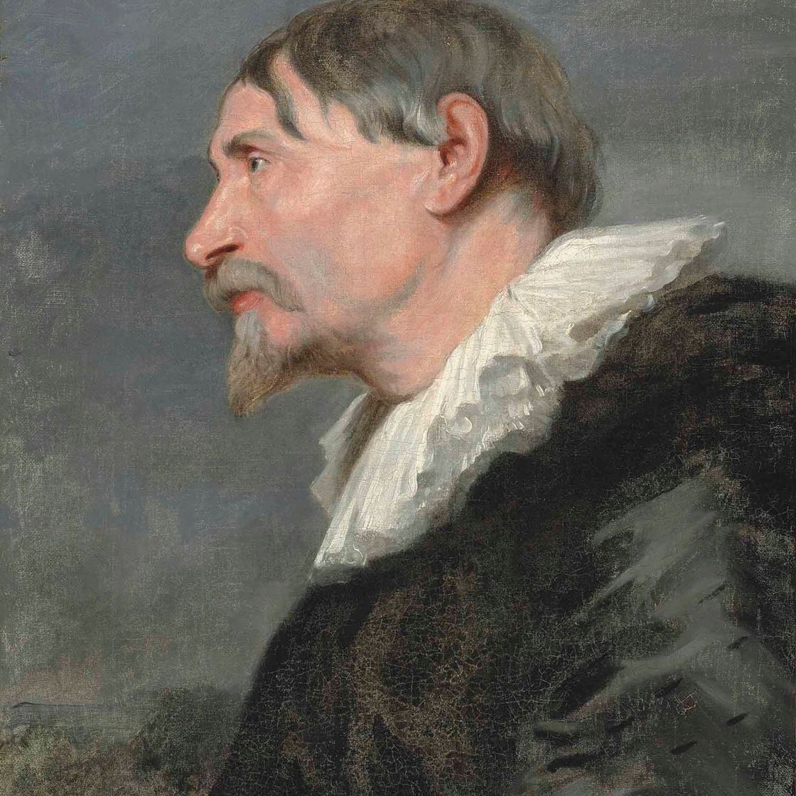 Anthony van Dyck — Бородатый мужчина в профиль, во весь рост, в черном пальто с белым воротничком