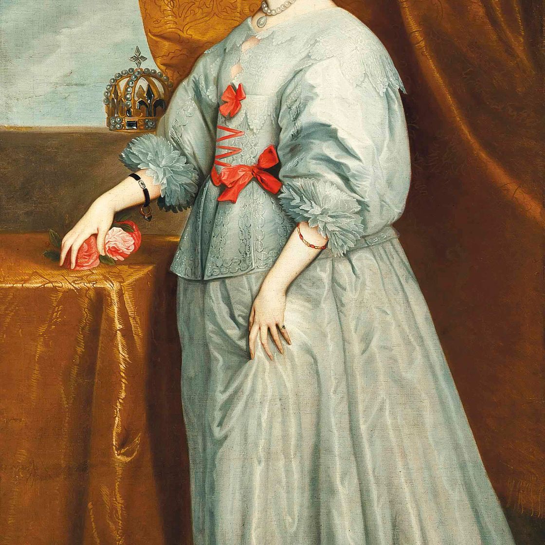 Anthony van Dyck — Портрет королевы Генриетты Марии (1609-1669), в полный рост, в голубом платье с красными лентами, с жемчужным ожерельем и серьгами