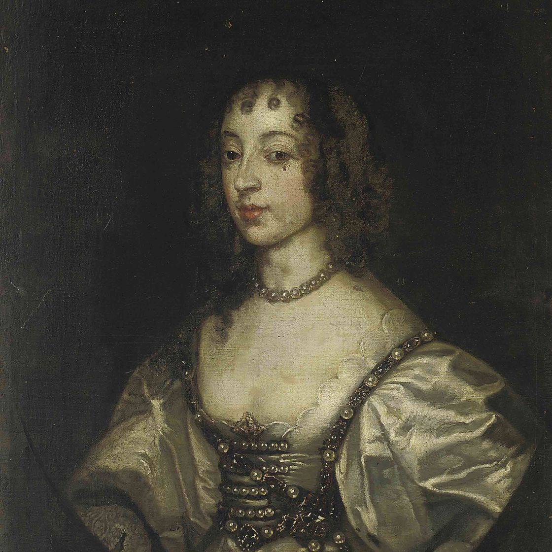 Anthony van Dyck — Портрет королевы Генриетты Марии (1609- 1669), рост в три четверти, в зеленом платье, с жемчужным ожерельем, имитирующим овал