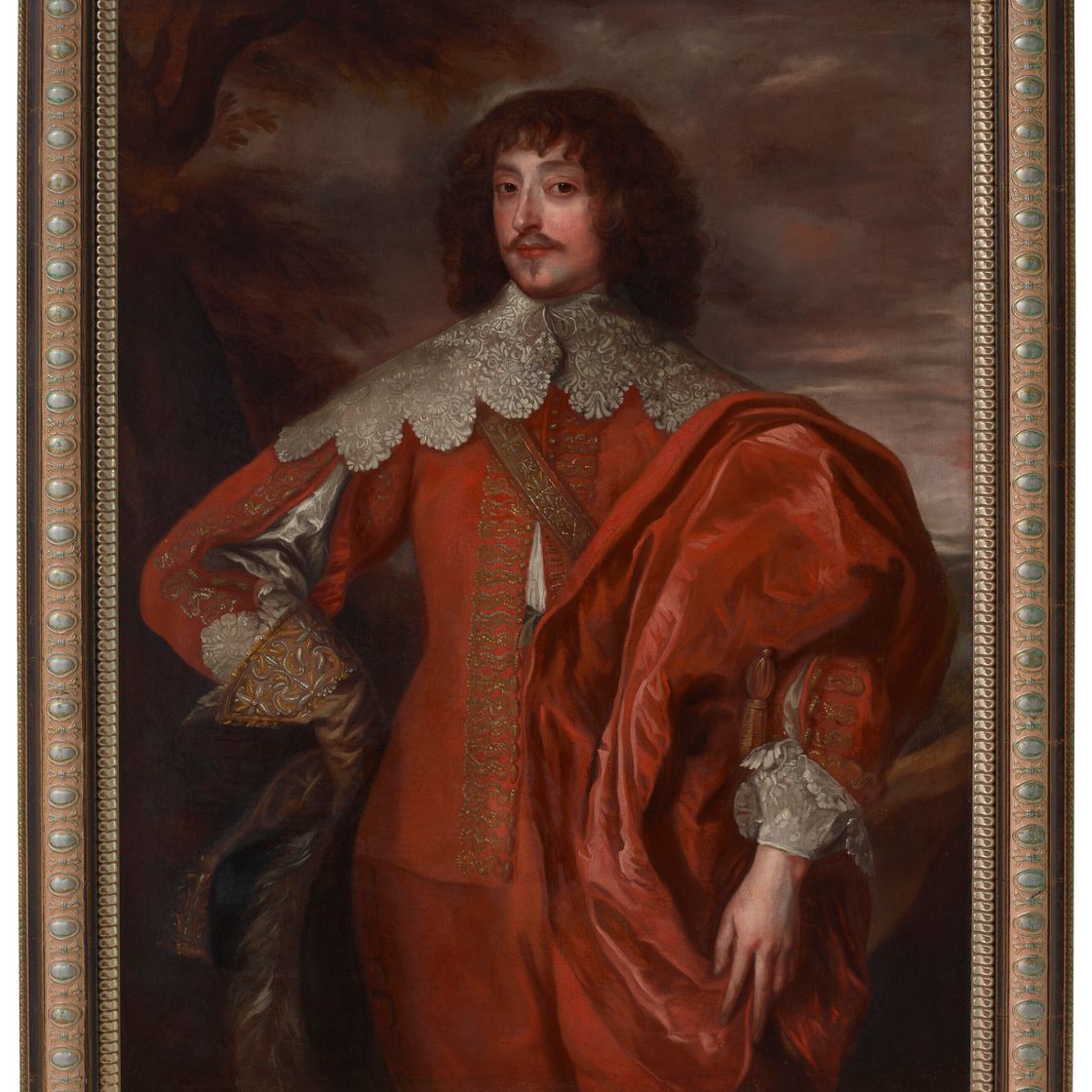 Anthony van Dyck — Портрет Уильяма Вильерса, 2-го виконта Грандисона (1614-1643), в три четверти роста, в расшитом красным и золотом камзоле с широким кружевным воротником и красном плаще