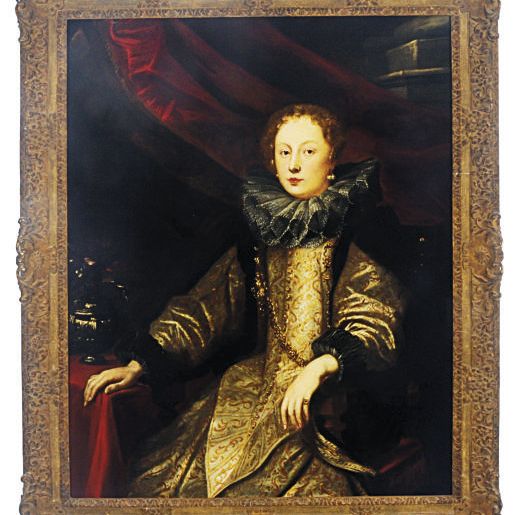 Anthony van Dyck — Портрет Баттины Бальби Дураццо, сидящей в три четверти роста, в бело-золотом платье