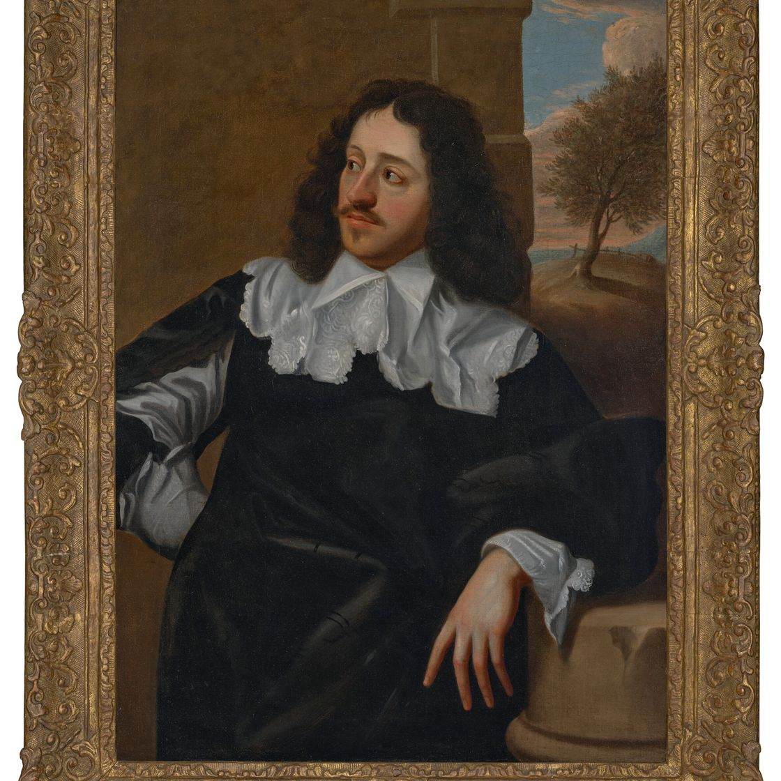 Anthony van Dyck — Портрет джентльмена, традиционно идентифицируемого как сэр Джон Пенраддок (ок.1591-1648), стоящего в три четверти роста, в черном костюме с белым воротничком и рукавами, опирающегося на каменный пьедестал, на фоне пейзажа, изображение 1