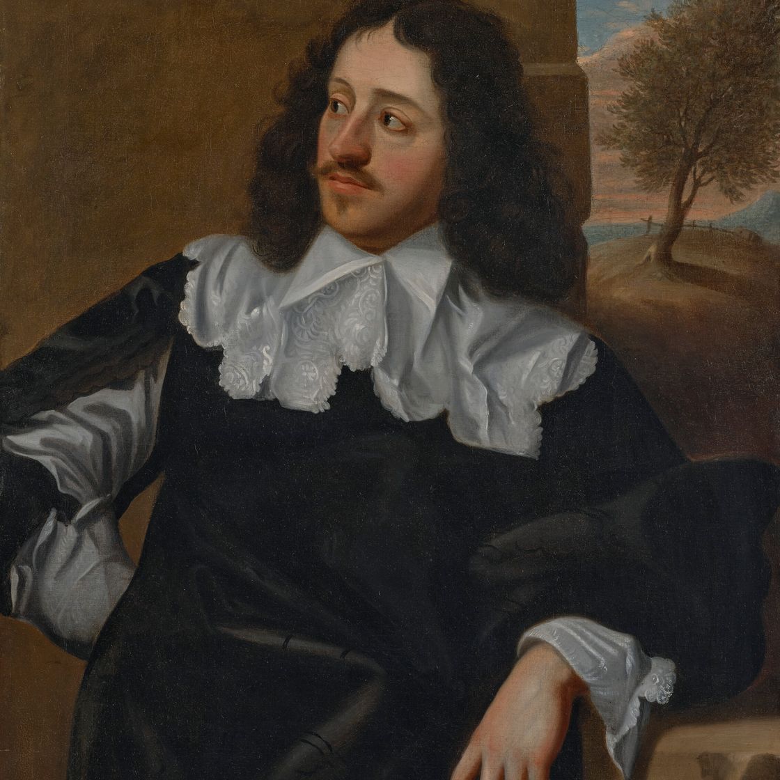 Anthony van Dyck — Портрет джентльмена, традиционно идентифицируемого как сэр Джон Пенраддок (ок.1591-1648), стоящего в три четверти роста, в черном костюме с белым воротничком и рукавами, опирающегося на каменный пьедестал, на фоне пейзажа, изображение 2