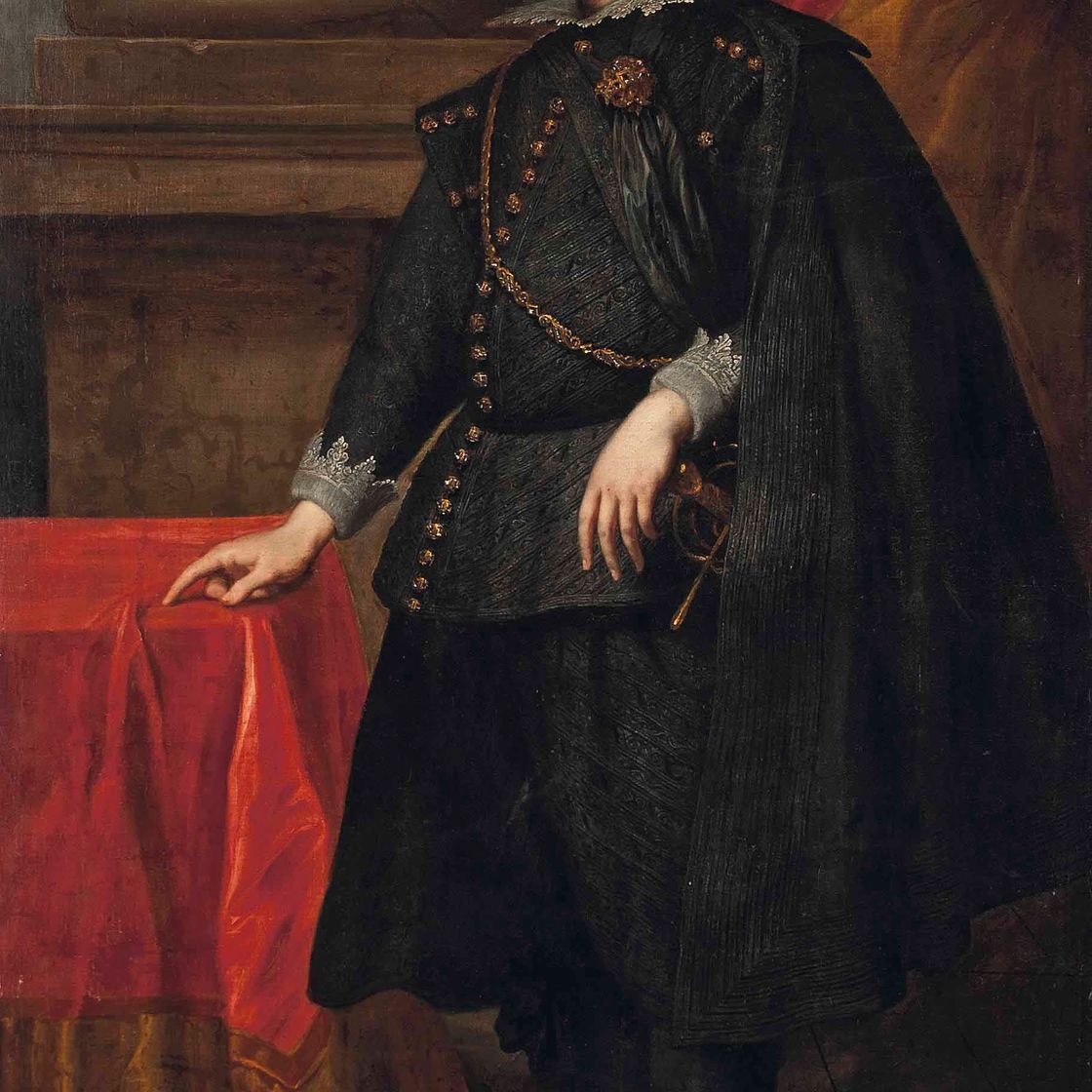Anthony van Dyck — Портрет джентльмена в полный рост, в черном камзоле и плаще, с левой рукой, лежащей на рукояти меча, стоящего у задрапированного стола, в интерьере