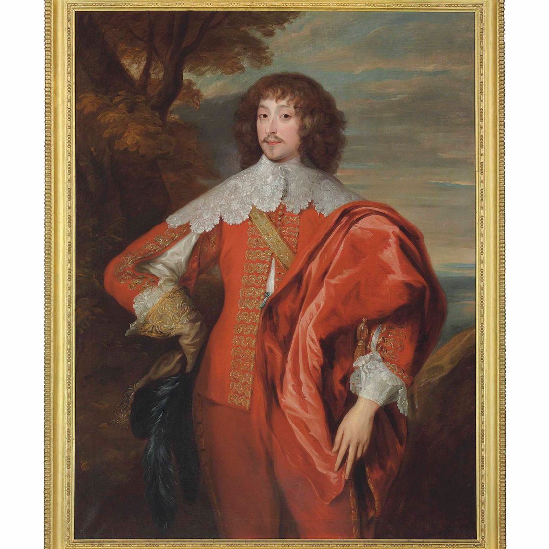 Anthony van Dyck — Портрет Уильяма Вильерса, 2-го виконта Грандисона (1614-1643), в три четверти роста, в расшитом красным и золотом камзоле с широким кружевным воротником и красном плаще