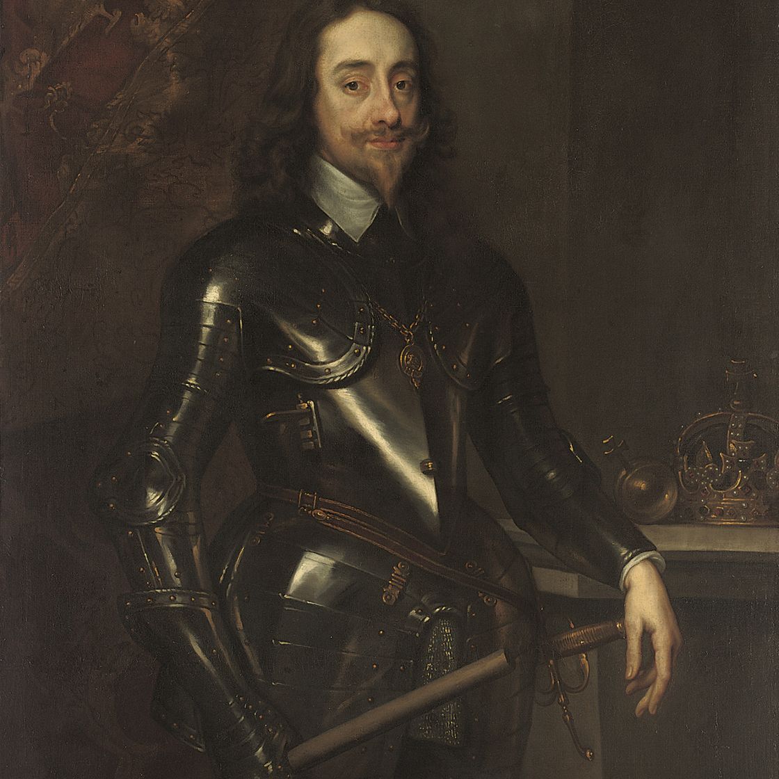 Anthony van Dyck — Портрет короля Карла I, в три четверти роста, в доспехах, с жезлом в правой руке, державой и короной на постаменте слева
