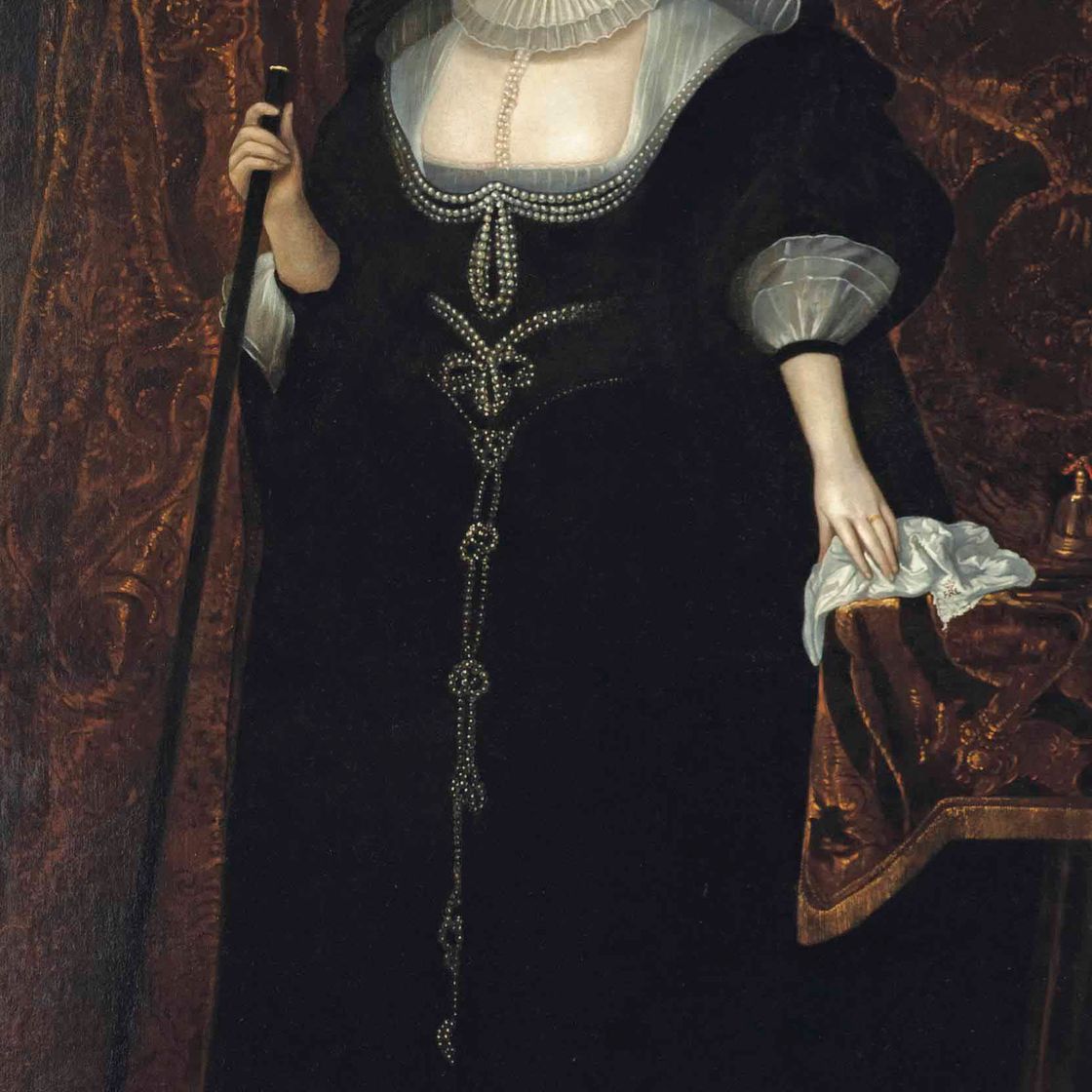 Anthony van Dyck — Портрет Фрэнсис Стюарт, герцогини Ричмонд и Леннокс (1578-1639), в полный рост, в черном платье, украшенном жемчугом, с жемчугом в волосах, салфеткой в левой руке и жезлом в правой.
