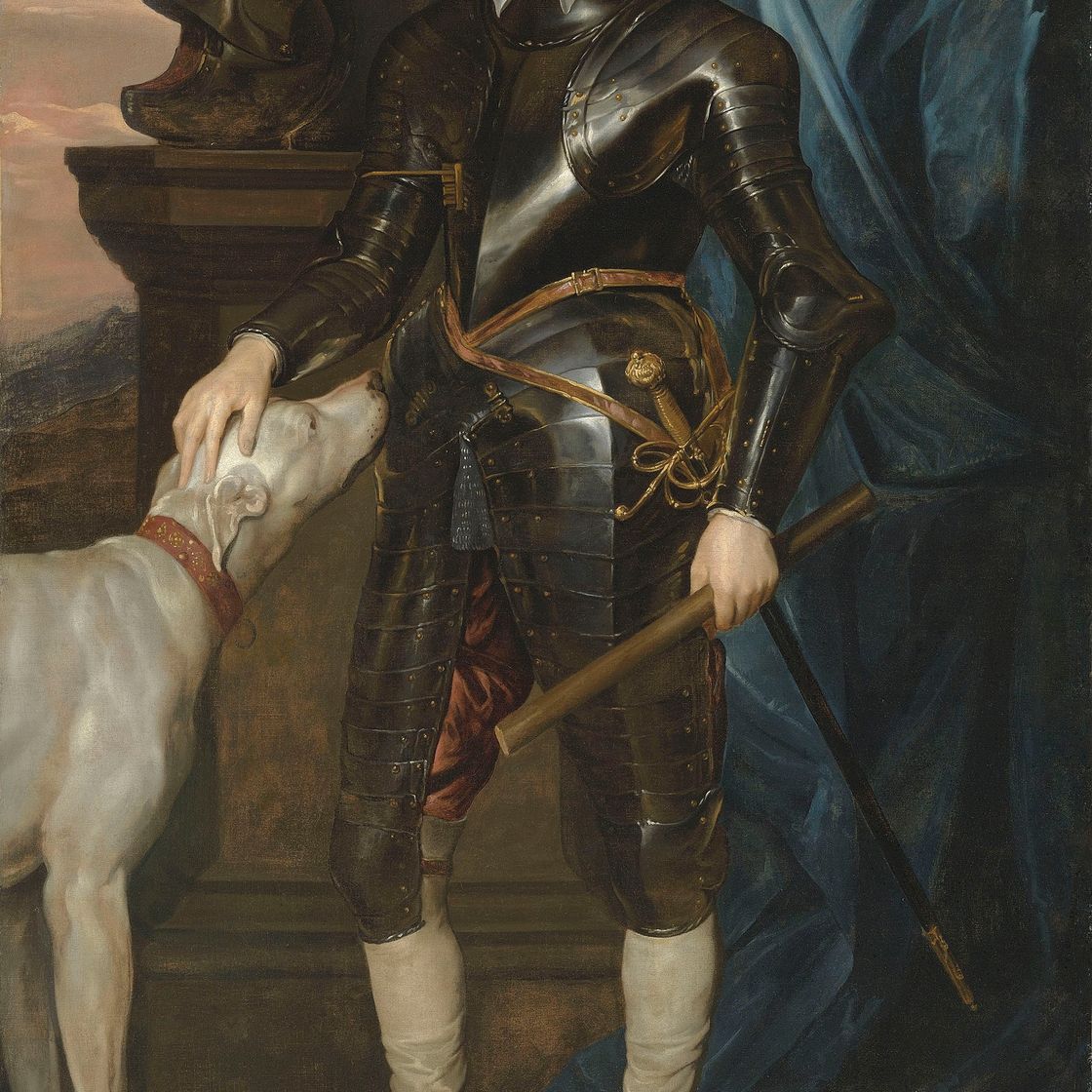 Anthony van Dyck — Портрет Томаса Вентворта, 1-го графа Страффорда (1593-1641), в полный рост, в доспехах, с собакой